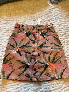 FARM Rio Pink Tropical Toucan Button-Front Mini Skirt